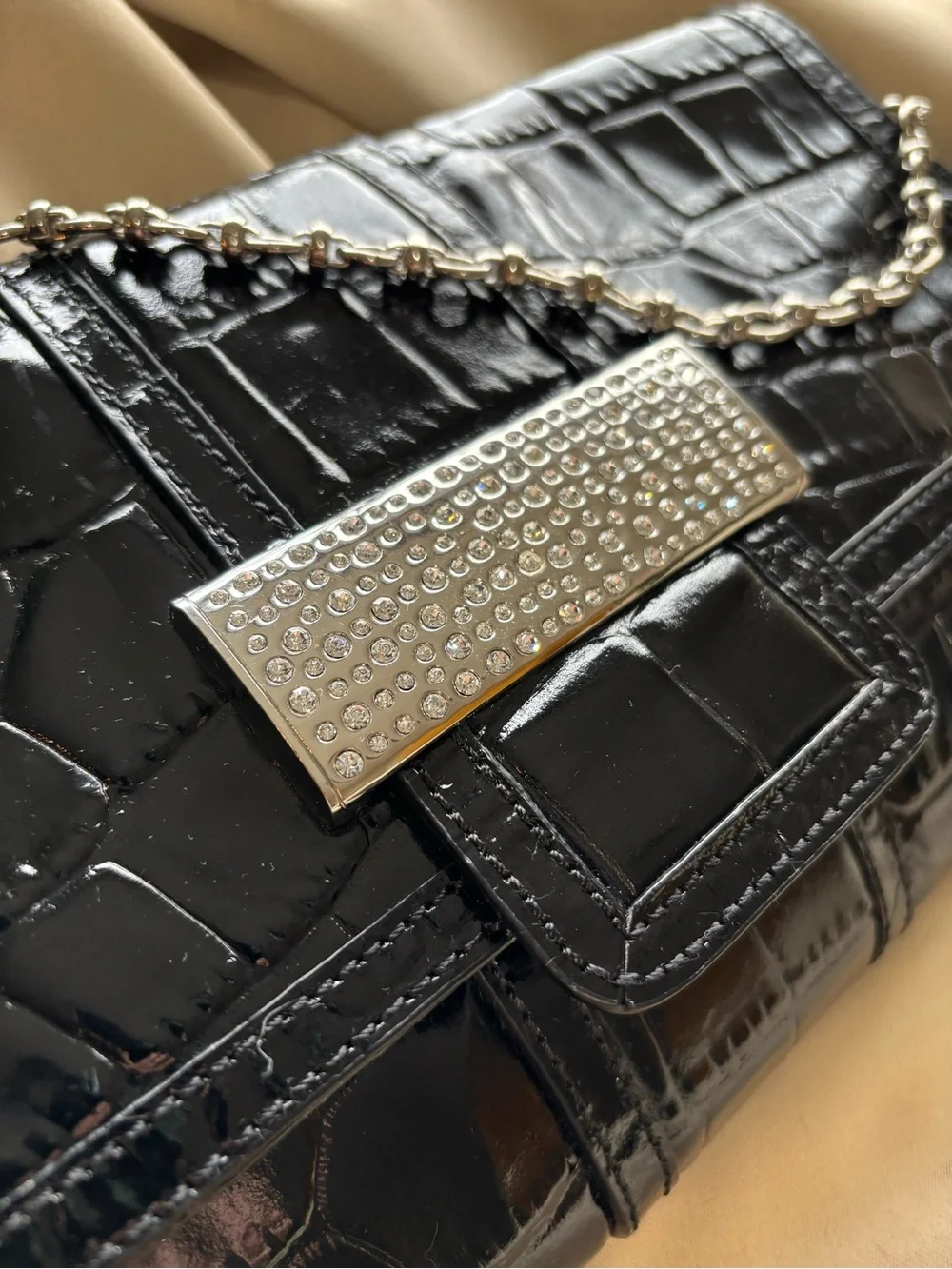 KELLY RUTHERFORD black patent RHINESTONE clutch SHOULDER BAG